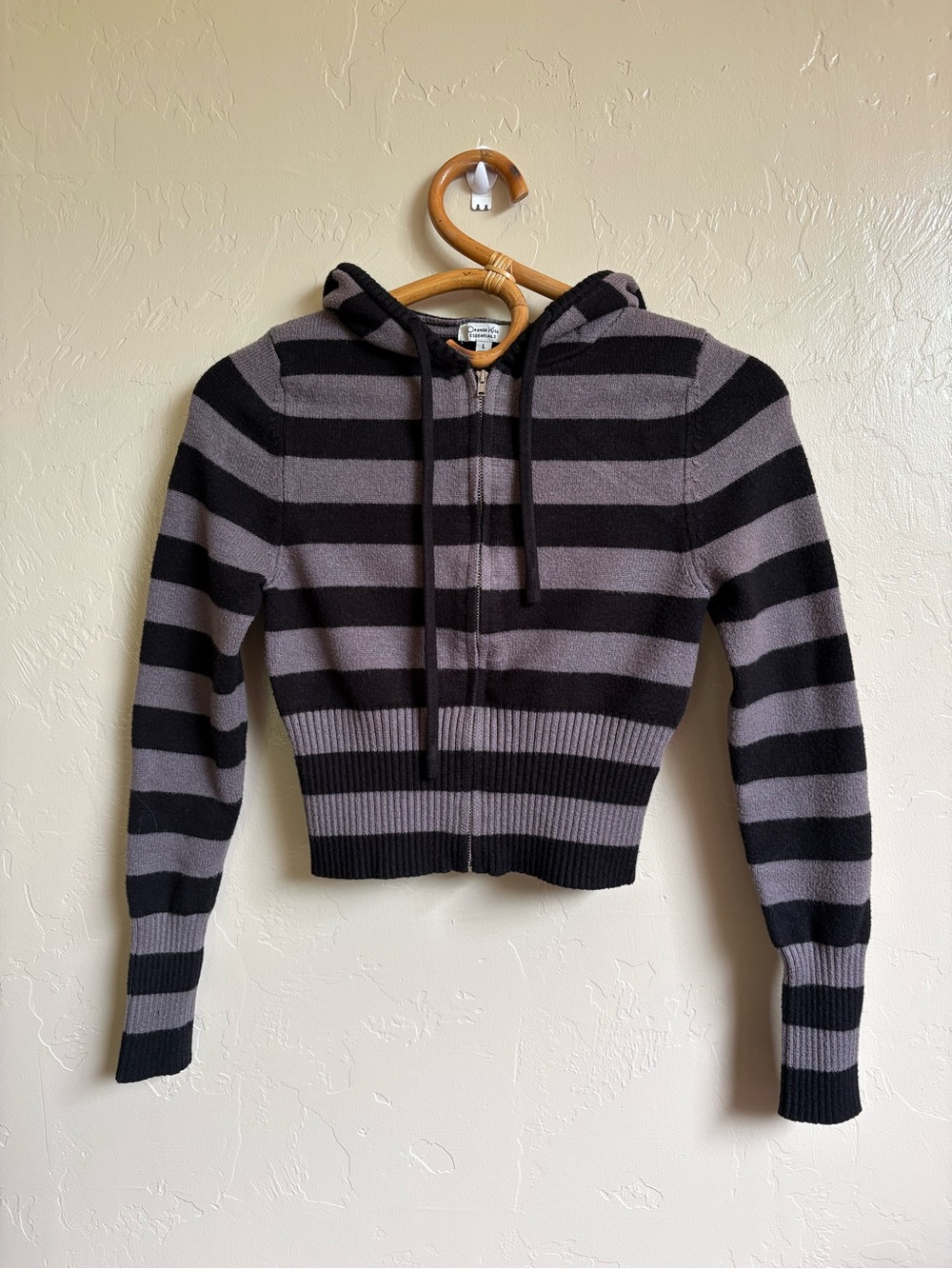 Orange Kiss Essentials Knit Striped Black Grey Fitted Cropped Hoodie Sweater